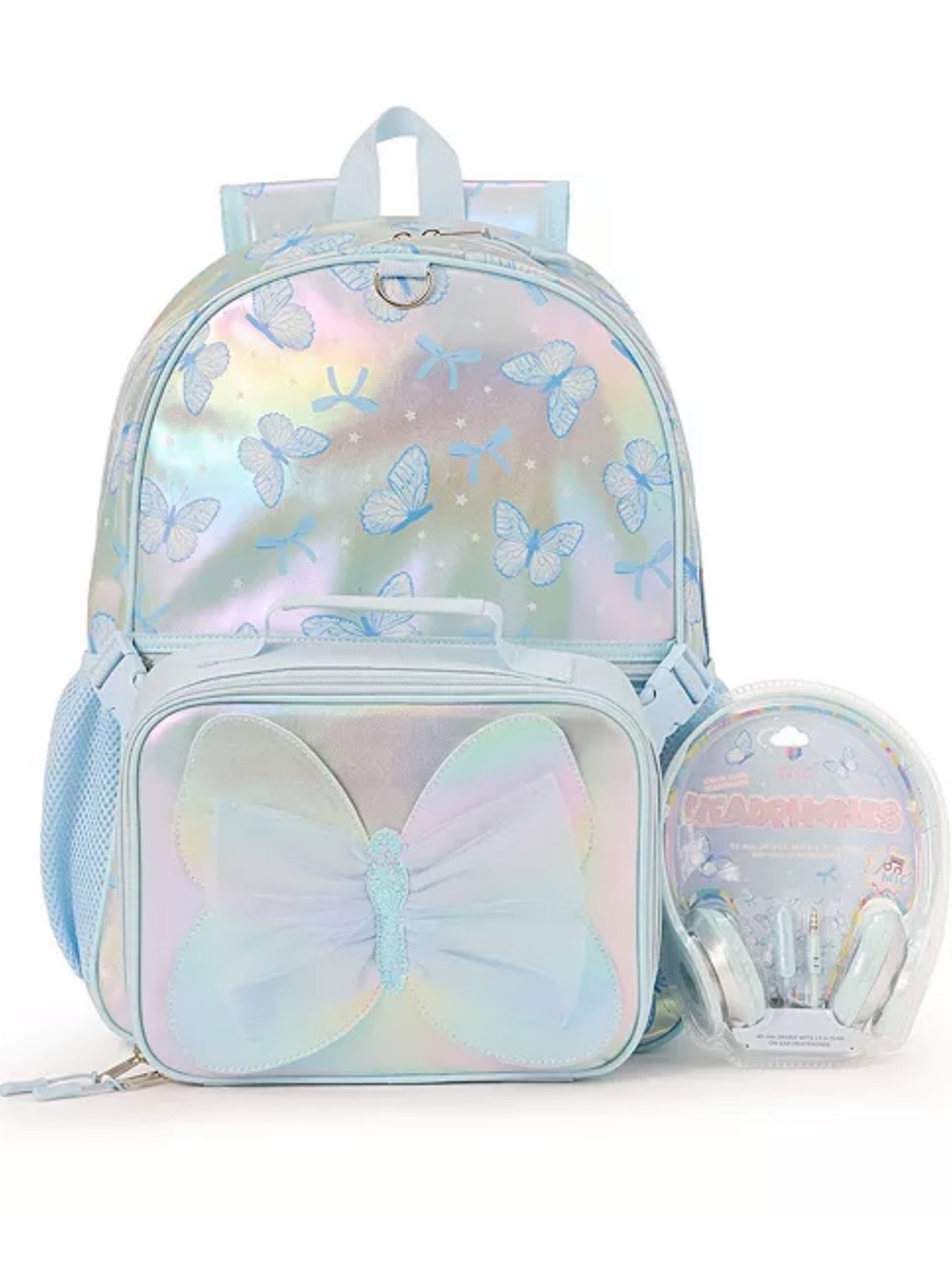 Rainbow Sugar Girls' Butterfly Backpack, 3D Ombre Bow Lunch Bag & Headphone Set